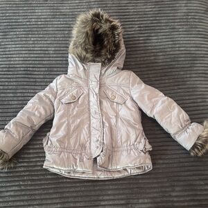 Catimini Shiny Silver Puffer Jacket with Faux Fur Hood